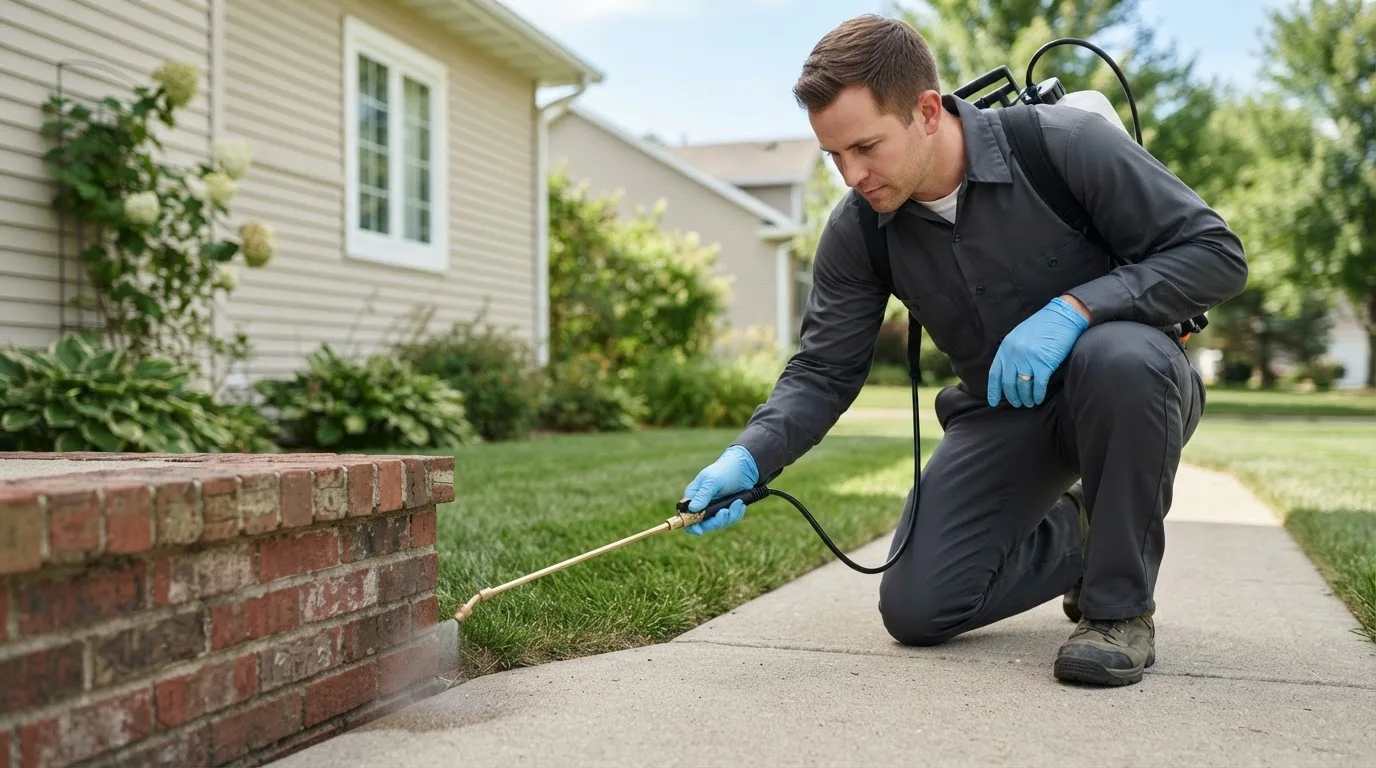 Pest control technician treating a home near White Pine, TN